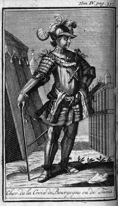 Ridderordener. Ridder af korset af Bourgogne eller Tunis. I "" Historien om militære ordener eller riddere, om de sikre og rutineprægede militser af begge køn, som er blevet etableret indtil videre. Udgave taget fra Abbe Giustiniani, R.P.Bonani, M. Herman, af Unknown artist