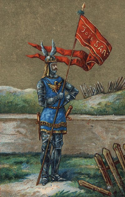 Oriflame eller banner af kong af Frankrig Charles V (1364-1380). 1800-tallets kromolitografi. af Unknown artist