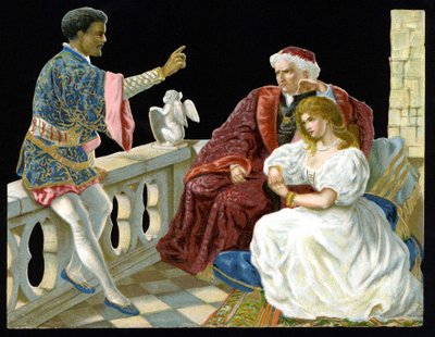 Othello, Desdemona og Iago - i Othello eller Moor of Venice”” af Shakespeare (1604). Kromolitografi fra det 19. århundrede." af Unknown artist