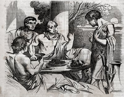 Udendørs banketscene - Vitellius (Aulus Vitellius Germanicus Imperator Augustus) romersk kejser (15-69) giver en fest - indgravering i "" The Universal Health - Medical Guide for Families"" 1852 af Unknown artist