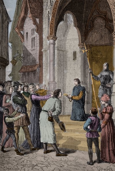 PERKIN WARBECK (c1474-1499) flamsk bedrager; udgav sig for at være Richard, hertug af York, den anden af Edward Ivs sønner - læser hans tilståelse uden for Westminster Hall, London af Unknown artist