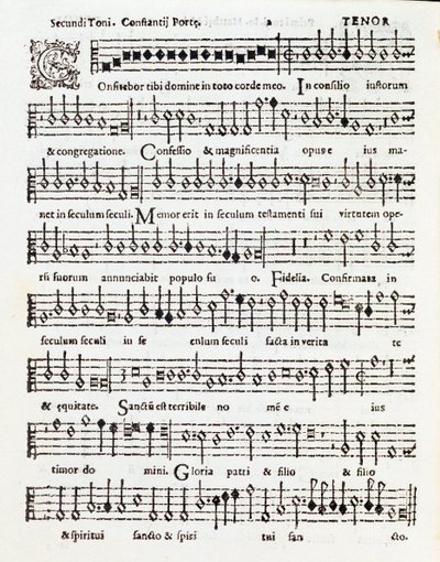 Side med partitur af Confitebor tibi domine-salmen dedikeret til Palestrina af Costanzo Porta af Unknown artist