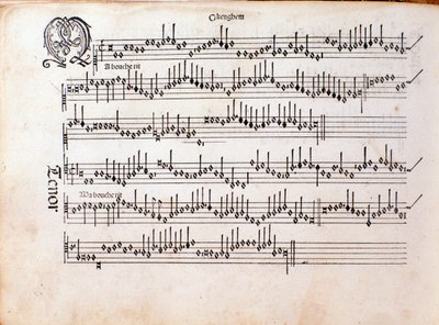 Side med partitur af Harmonice Musices Odhecaton af Ottaviano Petrucci (1501) af Unknown artist