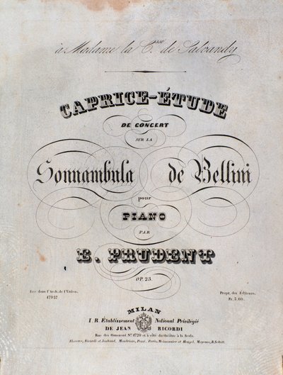 Side med noderne til et Caprice-studie for klaver af Emile Prudent baseret på La sonnambula af Vincenzo Bellini af Unknown artist