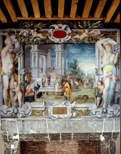 Malet pejs øverst i våbenrummet forestillende Salomon og Dronningen af Saba af Unknown artist