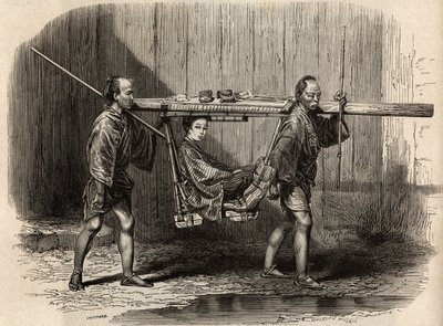 Palanquin har brug for folket, åben, brugeren sætter sine ejendele på taget, inden han sætter sig ind for at foretage sin rejse. Gravering til illustration af rejsen til Japan i 1863-1864 af Aime Humbert, minister for Det Schweiziske Forbund, i "Le tour du af Unknown artist