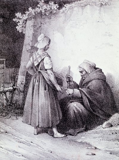 Palmistry: en gammel spåkone læser en ung piges hånd (gravering) af Unknown artist