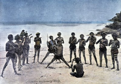 Papua-dans på stranden ved siden af landsbyen Takapuna (Ny Guinea). af Unknown artist
