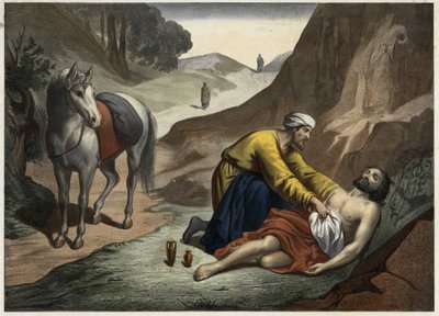 Lignelsen om den barmhjertige samaritaner - Lignelsen om den barmhjertige samaritaner: samaritaneren stoppede på vej for at redde den døende mand. Anonym stik fra midten af 1800-tallet. af Unknown artist