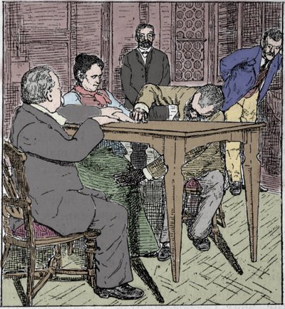 Paranormale fænomener: oplevelse af at hæve et bord i Milano i 1892 i nærværelse af mediet Eusapia Paladino og Cesare Lombroso (1835-1909) og Charles Richet (1835-1909). af Unknown artist