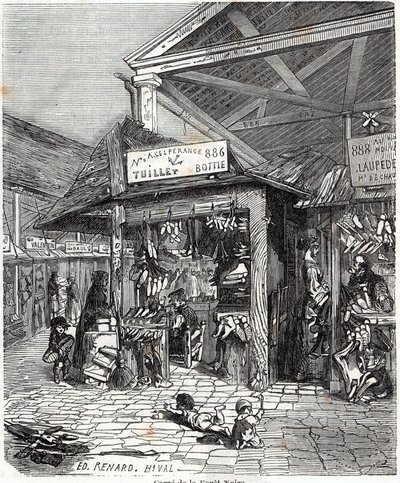 Paris 3. arrondissement - Carre de la Foret-Noire: salg af læder og sko i Le Carreau du Temple i det 19. århundrede - Indgravering i "" Tableau-de-Paris"" af Edmond Texier af Unknown artist