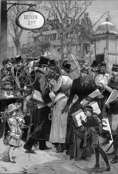 Paris: Pakkeuge: Pariserne handler og køber legetøj til julegaver. Gravering i "" Le Monde Illustré"" af Unknown artist