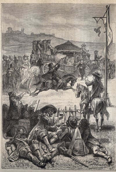 Papegøjeskydning - illustration fra det 19. århundrede til den historiske roman "The Puritans of Scotland" (Old Mortality) af Walter Scott (1771-1832) af Unknown artist