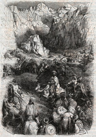Passage af Pyrenæerne af maurerne - indgravering af 1851 fra "" Furious Roland"" (Orlando furioso) (1500-tallet) af Ludovico Ariosto, kendt som Ariosta - Udgave oversat fra italiensk af greven af Tressan og udgivet af Gustave Harvard 1851 af Unknown artist