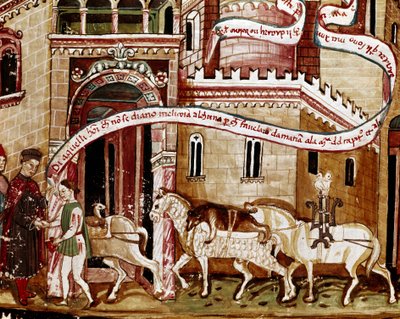 Betaling af saltafgiften ved indgangen til byen (gabelle) Miniature fra manuskriptet (Ms. H V-5) "Codex de Privileges"" af Unknown artist
