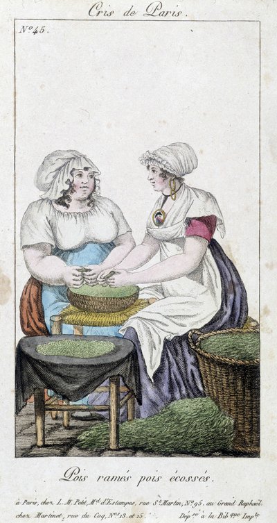 Ærtehandlere: to kvinder, der fælder ærter. "" Rækkeærter, skotske ærter" - i "" Cris de Paris"", deb. 19. århundrede af Unknown artist