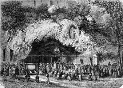 Pelerins foran den mirakuløse grotte Lourdes i de høje Pyrenæer, hvor Jomfruen viste sig for Bernadette Soubirous (1844-1879) i 1858, det nuværende pilgrimssted. Indgravering af det 19. århundrede af Unknown artist