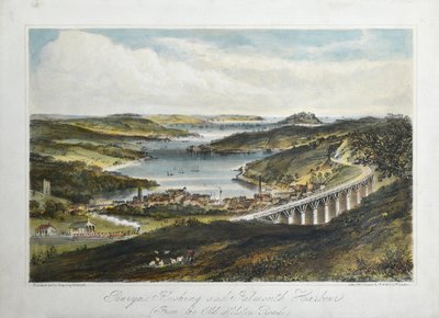 Penryn, Flushing og Falmouth Havne (fra Old Helton Road), ca. 1860-80 (farvet litho på papir) af Unknown artist