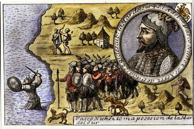 Opførelse af Vasco Nunez de Balboa (1475 - 1517), spansk navigatør, der var en af de første til at opdage Stillehavet ved at krydse Darien-strædet. Gravering af Unknown artist