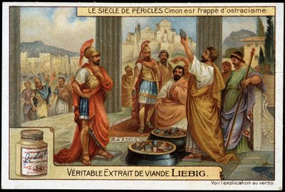 Perikles århundrede (495-429 f.Kr.): statsmand og strategi Cimon (510-449 f.Kr.) er ramt af udstødelse, i 461 f.Kr. - Liebig-kromolitografi af Unknown artist