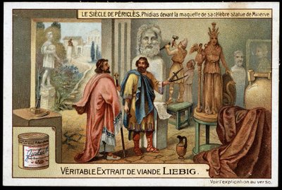 Perikles århundrede (495-429 f.Kr.): billedhuggeren Phidias (490-430 f.Kr.) foran modellen af sin berømte statue af Minerva - Liebig-kromolitografi af Unknown artist