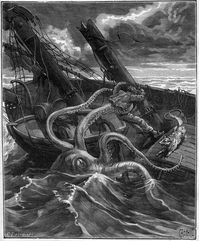 Perilleous Adventures Of Narcissus Nicaise In Congo - af Armand Dubarry 1836 -1910 - han havde foran sig et formidabelt havmonster (Giant octopus) (Giant octopus) - indgravering i Journal des voyage de 1881 - af Unknown artist