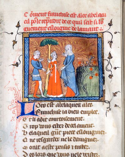 ""Karakterer i samtale"" Oplyst side fra manuskriptet ""Le Roman de la Rose"" af Guillaume de Lorris (omkring 1200-1238) og Jean de Meun (Meung) (1240-1305) omkring 1365 University of Chicago Library States Forenet af Unknown artist