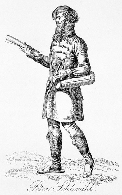 Peter Schlemihl, hovedperson i "Den vidunderlige historie om Pierre Schlemihl" af Aldebert Von Chamisso - gravering af Unknown artist