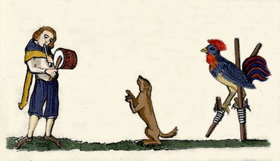 Kæledyr trænet: en hund og en hane danser på stillbilleder til trommens rytme. Gravering fra et manuskript fra 1344 fra Bodleian-biblioteket i Oxford. af Unknown artist