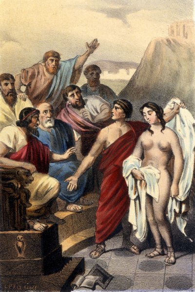 Phryne (græsk kurtisane) foran Athens dommere. af Unknown artist