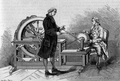 Fysik erfaring i det 18. århundrede: glød produceret af en elektrisk maskine. (Fra Abbe Nollet). Indgravering i "" La Nature: revue des sciences et de leurs applications aux arts et a l