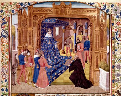 Pierre de Bressuire tilbyder sin bog til Johannes II den Gode på øen Cite i Paris Miniature fra "" Histoire romaine"" (Ad urbe condita) af Titus Live (59 f.Kr.-17 e.Kr.) (Titus Livius), oversat af Pierre Bressuire (ms. 310) 1450-1500 Chantilly, muse af Unknown artist