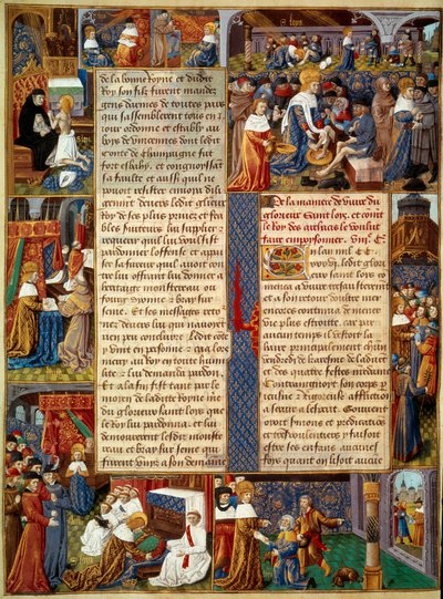 Piete-scene: "" Kong Ludvig IX (1214-1270) (Saint Louis) vasker de fattiges fødder, kongen beder og scener med kristen velgørenhed fra kongen"" Miniature fra et manuskript "" The Book of Facts of Monsignor Saint Louis”” 1400-tallet. Paris, B.N af Unknown artist