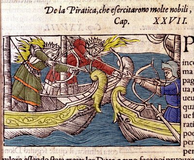Pirateri blev praktiseret af mange skandinaviske adelige kvinder. Indgravering fra "Historia de gentium septentrionalium" af Olaus Magnus, Venedig 1567. af Unknown artist