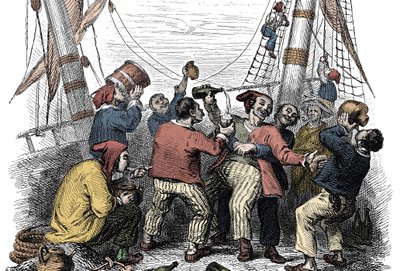 Pirater, der fejrer erobringen af et rigt bytte efter angrebet af et fjendtligt skib. Indgravering af det 19. århundrede af Unknown artist