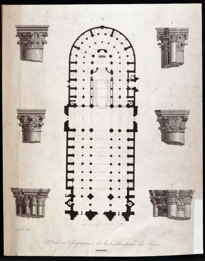 Plan og hovedstæder for katedralen Notre Dame (Notre-Dame) i Paris. 19. århundrede. af Unknown artist