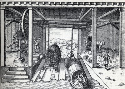 Planlæg hældning for både i det 16. århundrede på lagunerne ved Brenta (floden) i det nordlige Italien. Indgravering i ""La Nature"" af Unknown artist