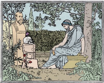 Platon mediterer over udødelighed før Sokrates, sommerfuglen, kraniet og valmuen omkring 400 f.Kr. - Platon mediterer over udødeligheden før Sokrates, en sommerfugl, et kranium og en valmue, gravering af det 19. århundrede omkring 400 f.Kr. af Unknown artist