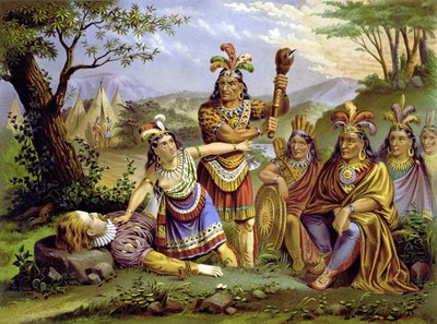 Pocahontas reddede kaptajn John Smith. Kromolitografi omkring 1870. af Unknown artist