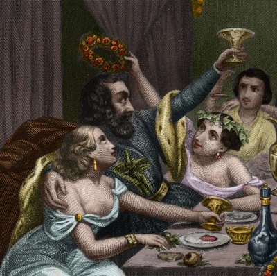 Pave Alexander VI (1431-1503) (Alessandro, Rodrigo Borgia) Rodrigue Borgia fejrer sin datter Lucrece Borgias (Lucrezia) bryllup med 50 kurtisaner i Vatikanet. Indgravering fra 1842 i "Histoire des popes: forbrydelser, mord, forgiftninger, parrici" af Unknown artist
