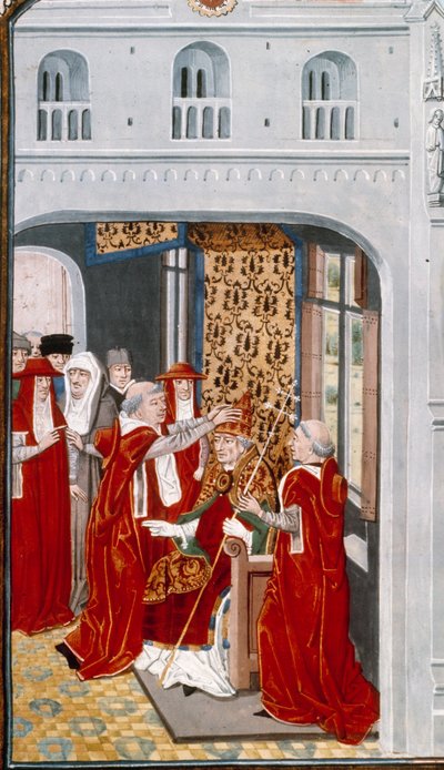 Pave Gregoire XI (1329-1378) indviede Avignon i 1370. Miniature from Chronicles”” af Jean Froissart (1337-1400) 1400-tallets Paris. B.N. af Unknown artist