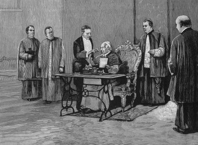 Pave Leon XIII (1810-1903) sender sit jubilæumsbudskab, indspillet med fonograf, til det amerikanske folk. Gravering 1800-tallet. af Unknown artist