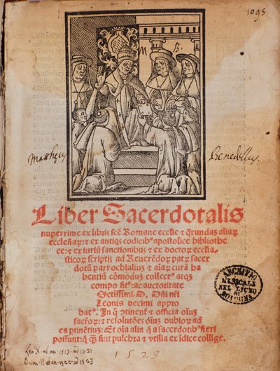 Pave Leon X modtager bogen Frontispice af liturgibogen "Liber Sacerdotalis"" af Castellini af Unknown artist