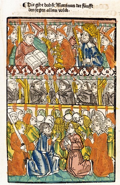 Pave Martin V (1368 - 1431) valgt ved koncilet i Konstanz (1417) ved at afslutte det store skisma i Vesten udfører velsignelsen. "Das concilium" af Unknown artist