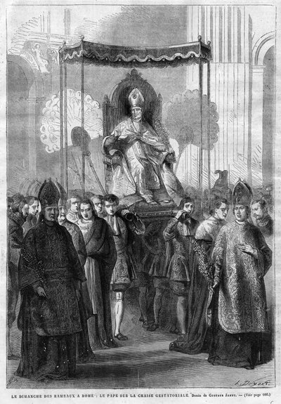 Pave Pius IX (1835-1914) om sedia gestatoria - Palmesøndag i Rom: Pave Pius IX (Pius Pio 9) på gestatorisk stol - tegning af Gustave Janet - The Illustrative Diary of 1868 af Unknown artist