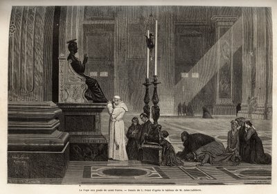 Pave Pius IX (pio 9) (1792-1878) samlet ved foden af statuen af St. Peter, ved indgangen til basilikaen, i Vatikanet. Gravering til illustration af Rom-historien, af Francis Wey, i 1864-1868, udgivet i "" le tour du monde", redigeret af D