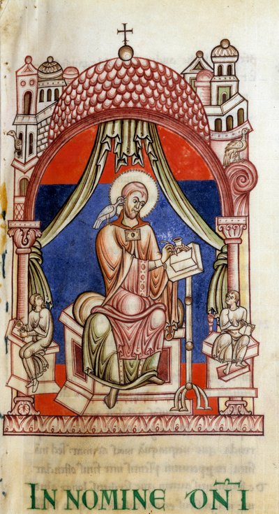 Pave St. Gregoire I den Store (540-604) omgivet af to sekretærer. Han er skrevet repræsentant med en due på skulderen, symbol på Helligånden (Helligånden). Miniature af Saint Gregoires bogstaver af Unknown artist