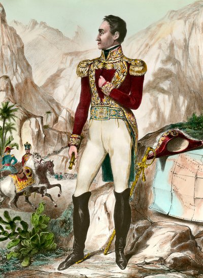 Portrait en pied af Simon Bolivar (1783-1830) generel sydamerikansk gravering fra det 19. århundrede. Privat samling af Unknown artist