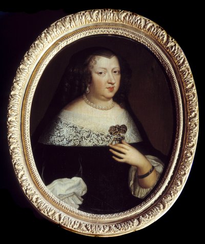 Portræt af Anne af Østrig (1601-1666) Dronning af Frankrig. Hun bærer perlejuveler, et vedhæng prydet med ædelsten i form af et kors og et armbånd om venstre håndled. Anonymt maleri af Unknown artist