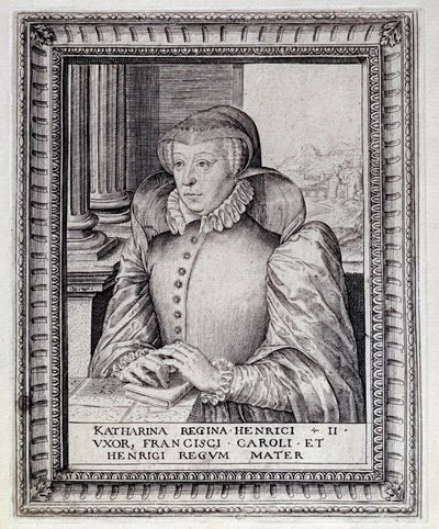 Portræt af Catherine de Medicis (Caterina de Medici) (1519-1589), dronning af Frankrig. Gravering af det 16. århundrede. Pau, Musee du Chateau af Unknown artist